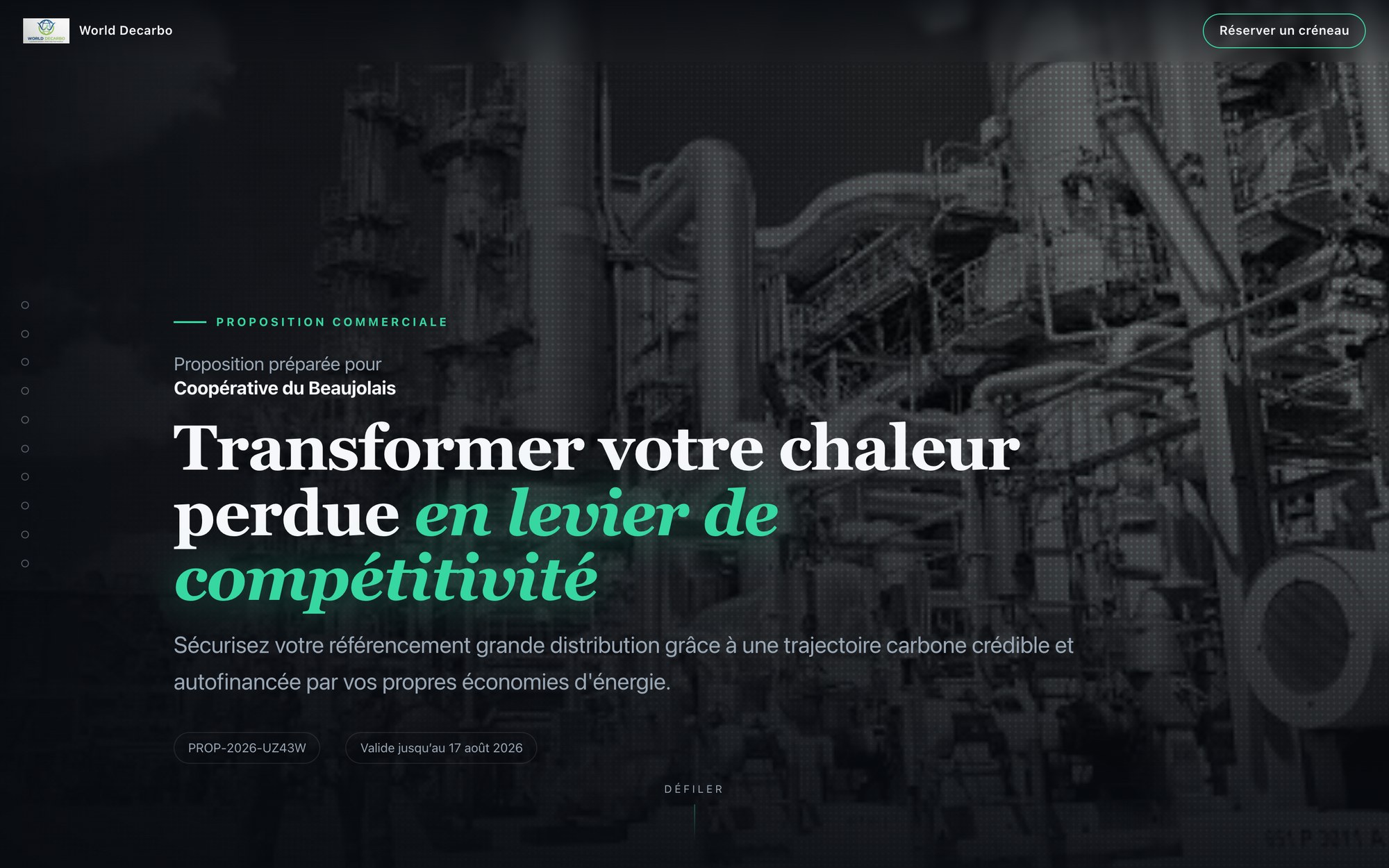 Proposition en mini-site : couverture éditoriale sombre à l'image du client, préparée pour la Coopérative du Beaujolais