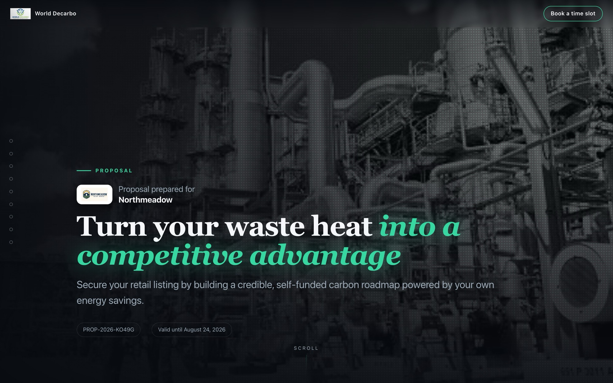 Proposal as a mini-site: dark editorial cover in the client's image, prepared for Northmeadow