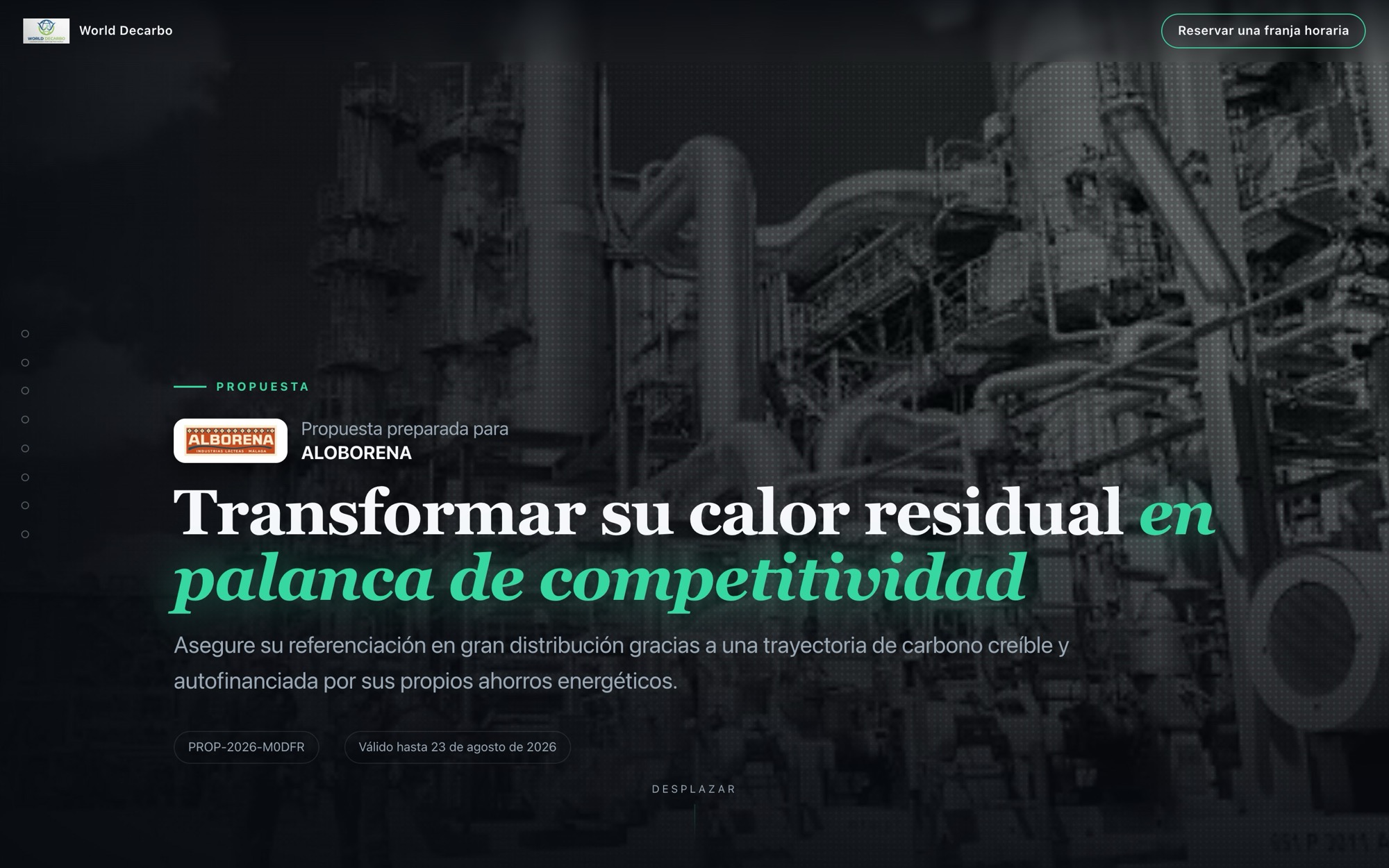 Propuesta en minisitio: portada editorial oscura con la imagen del cliente, preparada para ALOBORENA