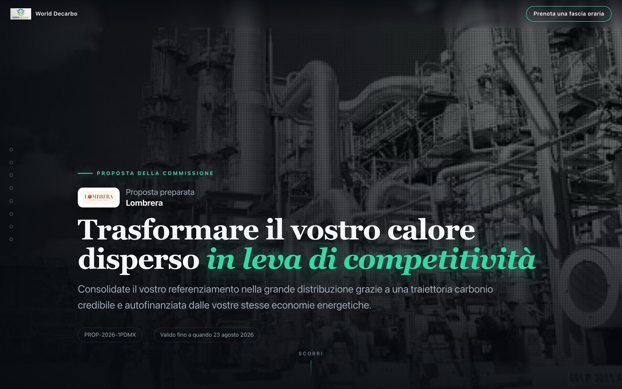 Proposta in mini-sito: copertina editoriale scura con l'immagine del cliente, preparata per Lombrera