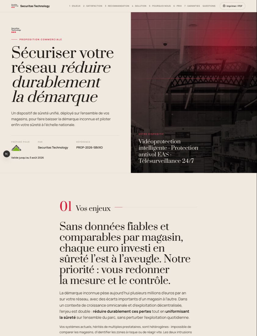 Proposition commerciale Securitas Technology pour Leroy Merlin : couverture éditoriale et section Vos enjeux